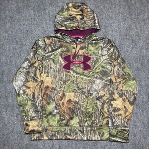 Under Armour Mossy Oak Treestand Camo Coldgear Hoodie Women's Large Pink‎ Logo